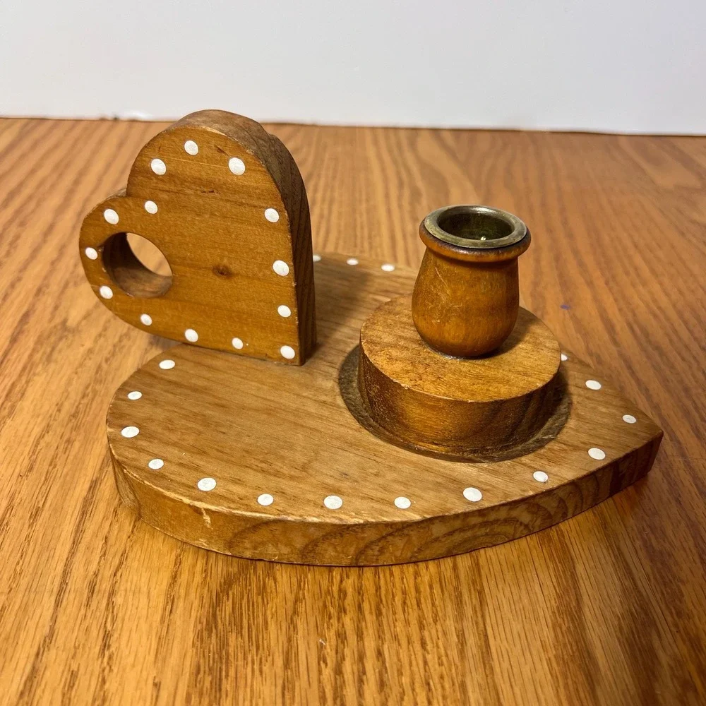 Vintage Wooden Heart Candle Holder Folk Art Polka Dot Wood Candlestick cottage